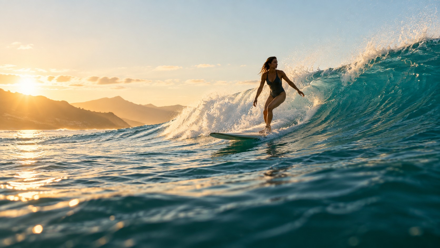 A surfer riding a turquoise wave in warm sunlight